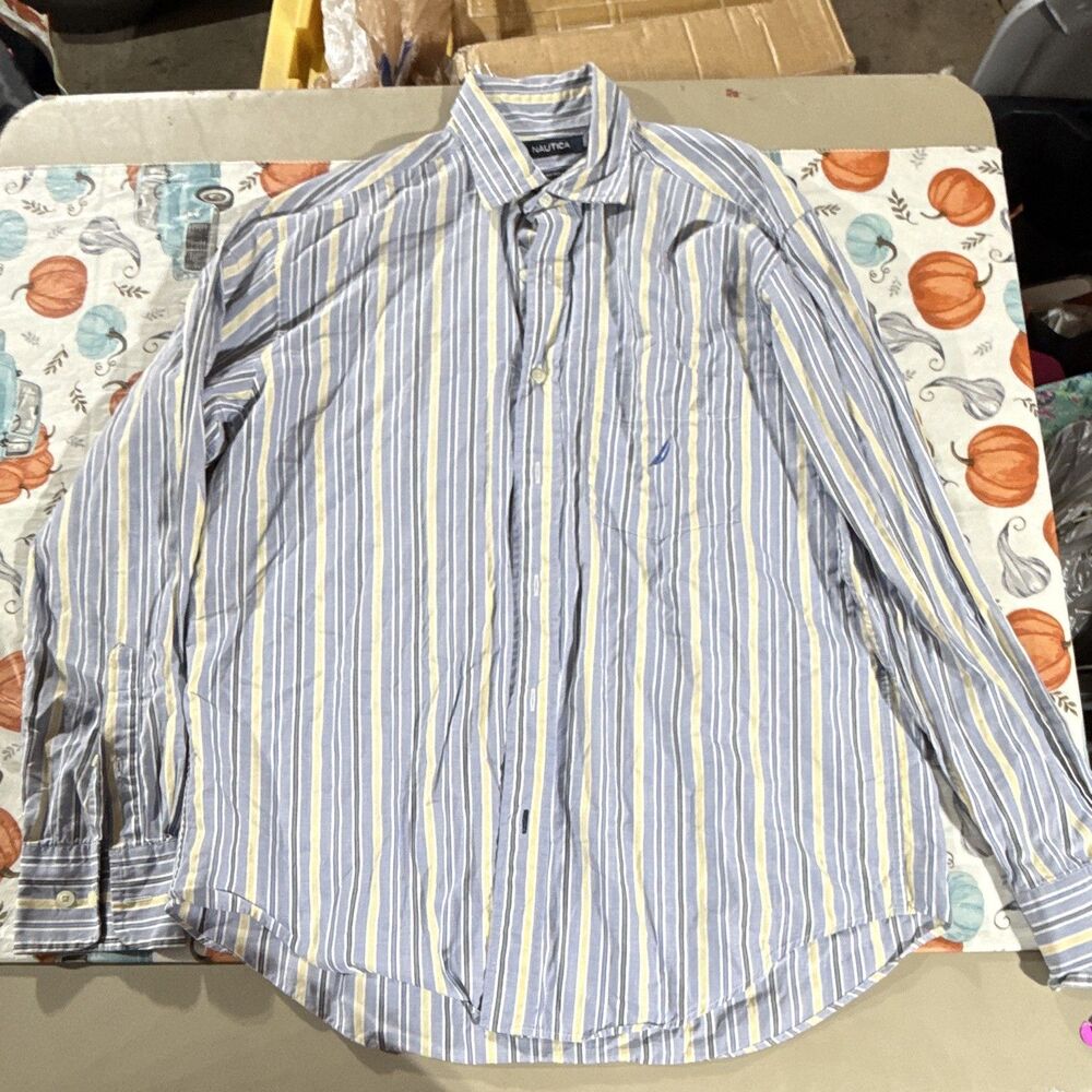Men’s Nautica Medium Light Blue Pins, Striped Yellow, Button-Down, Long Sleeve￼
